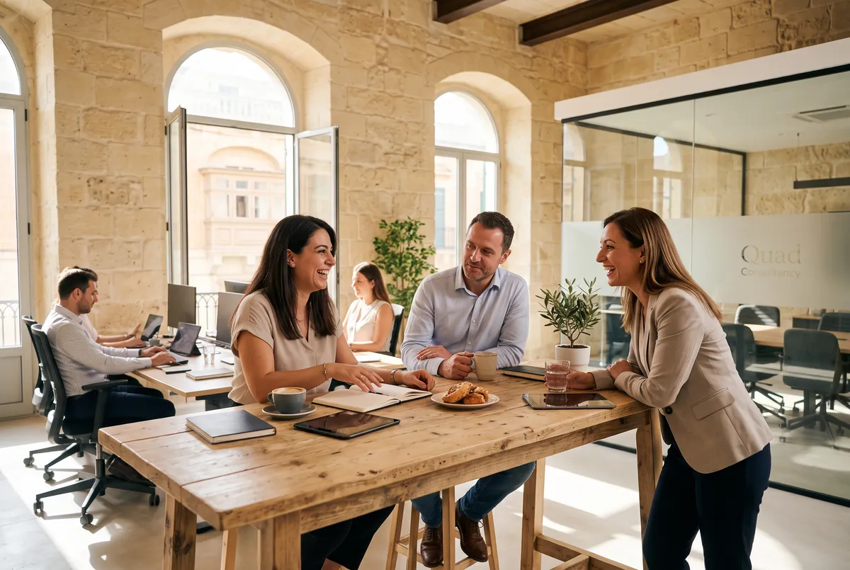 A candid, photojournalism-style photograph capturing a proactive recruitment and collaborative workspace within a renovated historic building in Malta, featuring traditional exposed globigerina limestone walls and large arched windows that offer views of Valletta's streets and the distant Mediterranean Sea.  Against an expansive, brightly lit natural stone backdrop, a group of European and Maltese professionals engage in an interactive discussion around a long, rustic wooden table, representing talent pipeline strategies and modern HR insights in action. A woman wearing a beige blazer leans casually on the table, gesturing thoughtfully as she shares networking concepts with a colleague seated nearby, while another team member smiles and looks on, embodying proactive candidate engagement.  In the natural morning sunlight, the open-concept Malta office bustles with activity; employees work at background computer stations while others collaborate near glass-enclosed meeting areas, which feature the subtly visible "Quad Consultancy" brand logo on the pane. Laptops, notebooks, coffee mugs, and a potted olive tree sit atop the natural wood surface, highlighting a productive, relational Maltese work environment focused on strategic workforce sourcing, continuous recruitment, and long-term talent acquisition.