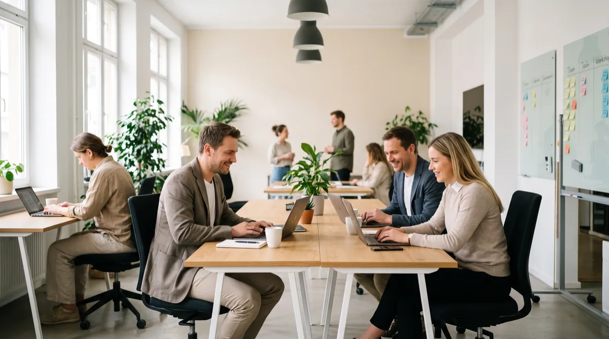 An open-plan, natural-light-filled European office where diverse European Caucasian professionals engage in collaborative, focus-driven work, demonstrating modern workplace energy management in action for Quad Consultancy.  In the foreground, a man in a casual brown blazer and a woman in a beige sweater sit together at a light oak desk, both smiling while actively working on their laptops. Across from them, another colleague in a blue blazer and white t-shirt is deeply focused on his laptop, while another team member on the left sits in an ergonomic chair, engrossed in their work at an adjacent desk.  The background shows colleagues conversing near large, multi-pane windows and a collaborative whiteboard with colorful sticky notes, highlighting a hybrid team’s output-driven and milestone-based workflow. Lush indoor plants, overhead dome lighting, and natural wood furniture create a warm, non-office-mandate workspace that encourages natural cognitive focus and employee vitality over rigid desk attendance.  Captured with natural DSLR warmth and film grain, the scene captures authentic, self-managed productivity and mutual trust within an agile business culture.