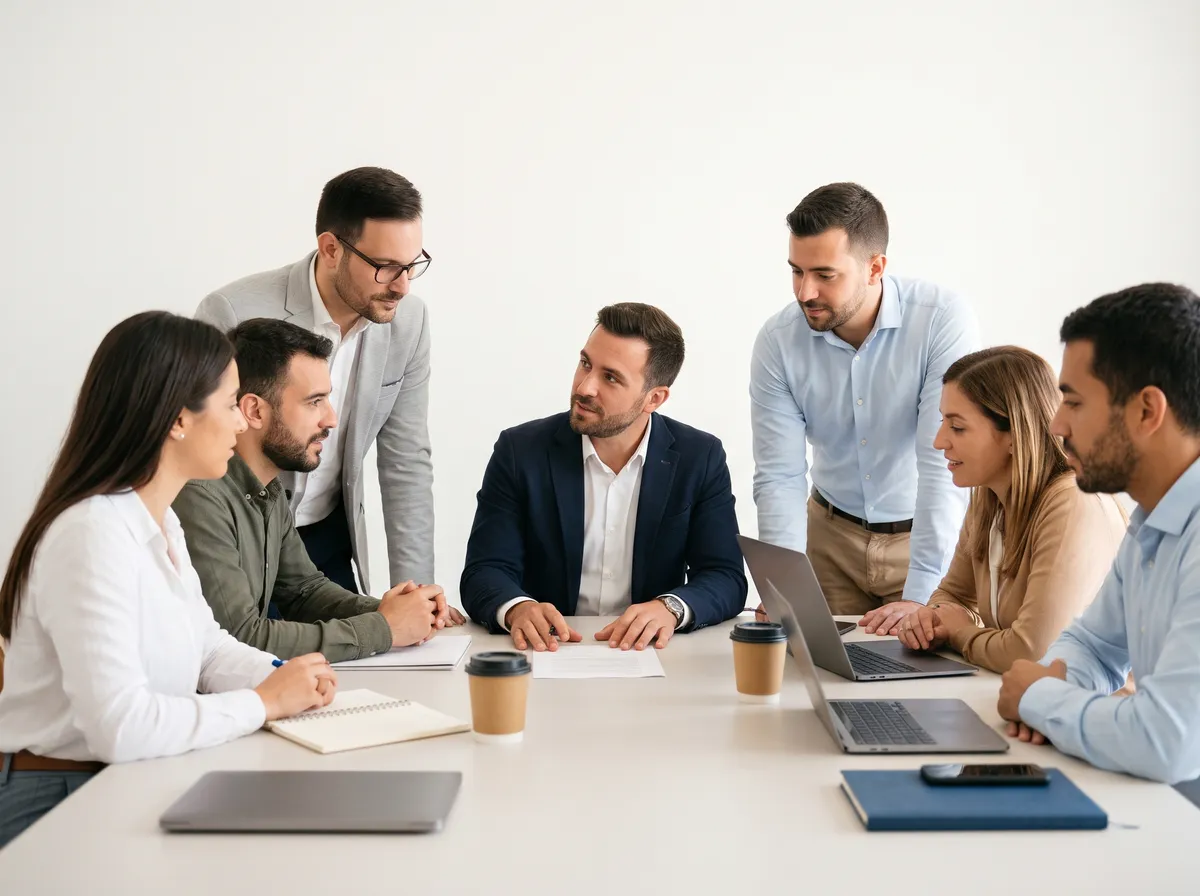 European business professionals collaborating around a meeting table during a transparent hiring discussion, demonstrating a positive candidate experience in recruitment and supportive workplace culture.