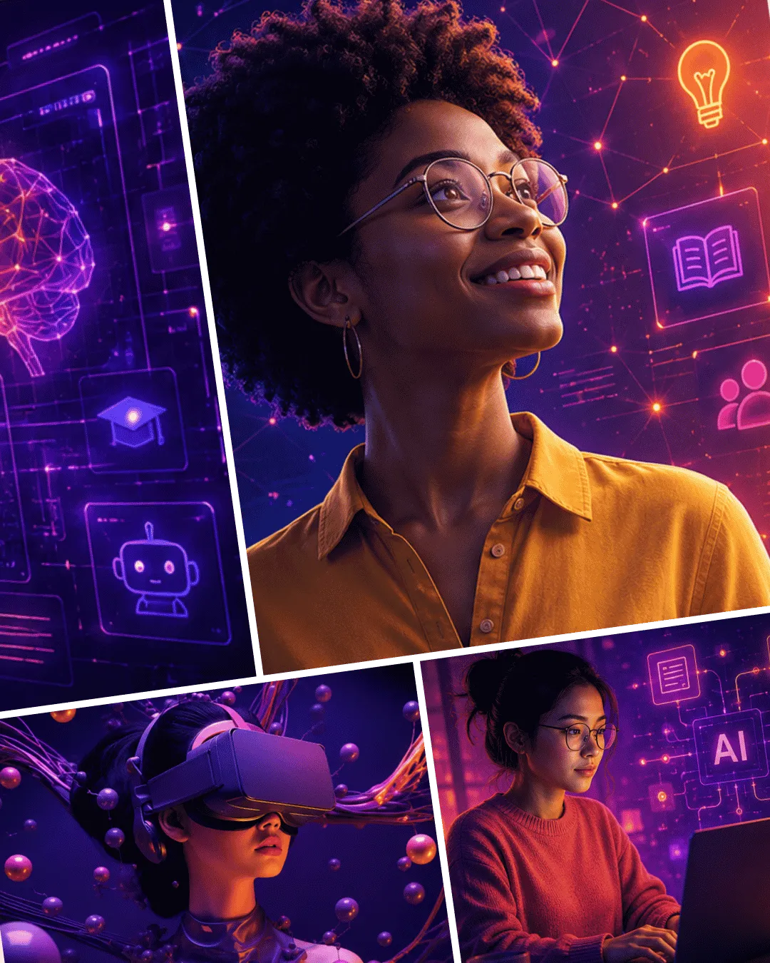 Collage of diverse learners engaging with emerging technologies, including AI, virtual reality, and digital learning, representing human-centered AI literacy, creativity, and future-ready education