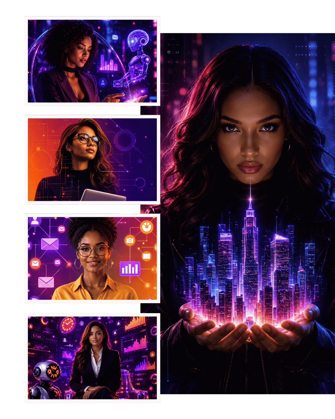 Digital collage of individuals using technology and AI tools, symbolizing human-centered learning, innovation, and responsible engagement with emerging technologies.
