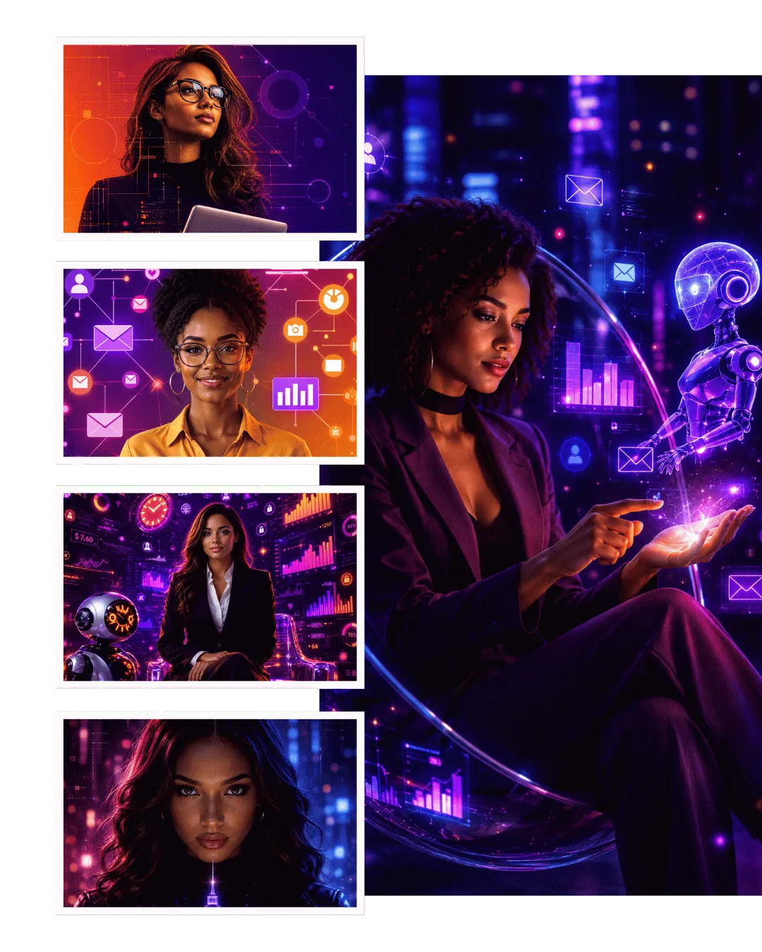 Collage showing diverse individuals using tablets and interacting with AI technologies, representing digital literacy, creativity, innovation, and future-focused education.