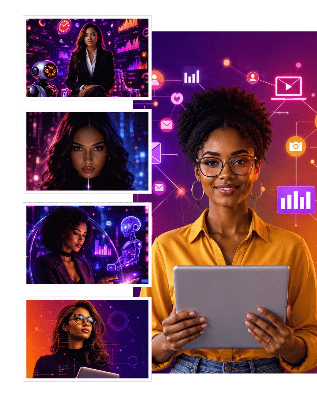 Collage featuring diverse individuals using digital devices and interacting with AI technologies, representing human-centered AI literacy, digital innovation, and future-ready learning.