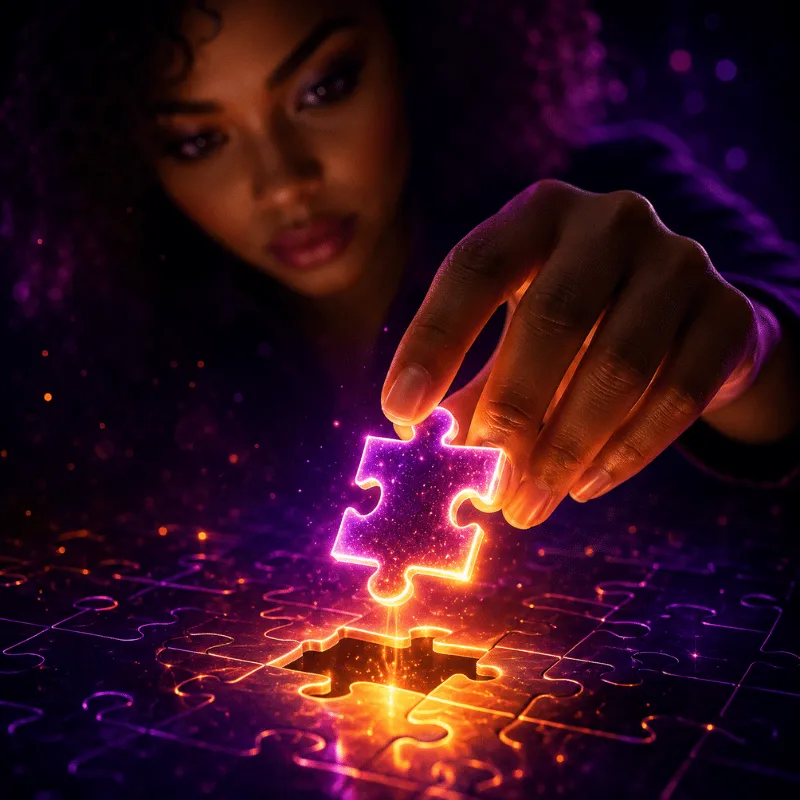 Person placing a glowing puzzle piece into place, symbolizing critical thinking, problem-solving, and human-centered engagement with emerging technologies.