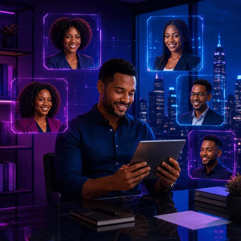 Individual engaging in a virtual meeting through digital technology, symbolizing collaboration, AI literacy, and connected learning communities.