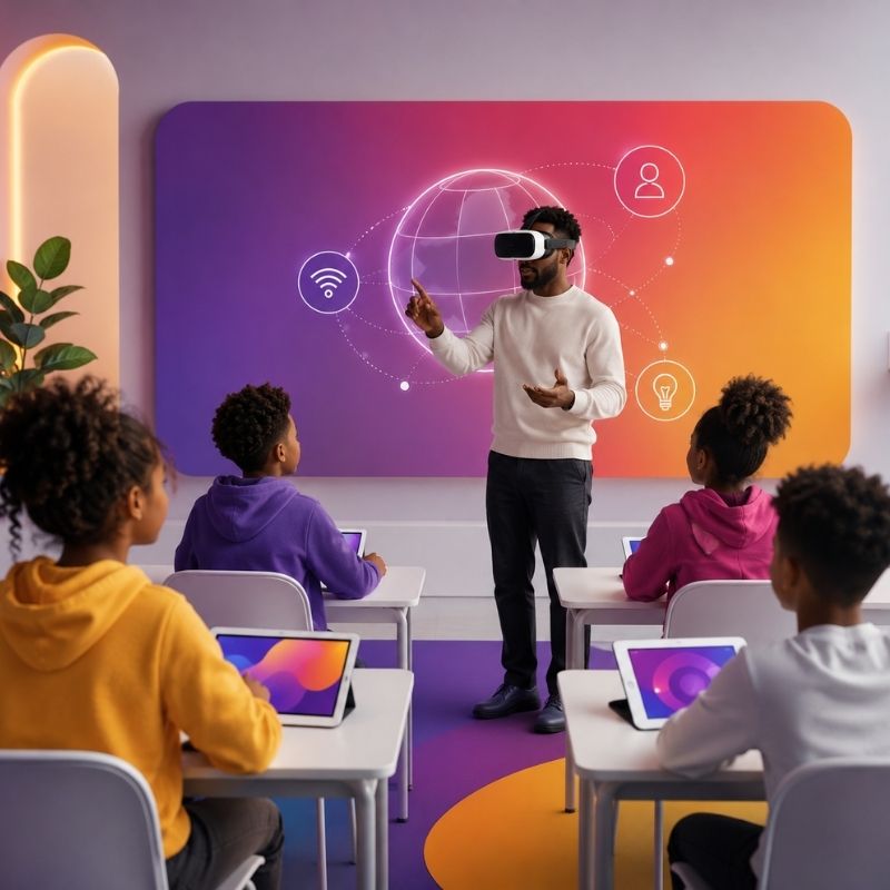 Educator leading a technology-enhanced classroom, representing human-centered learning and meaningful educational experiences.