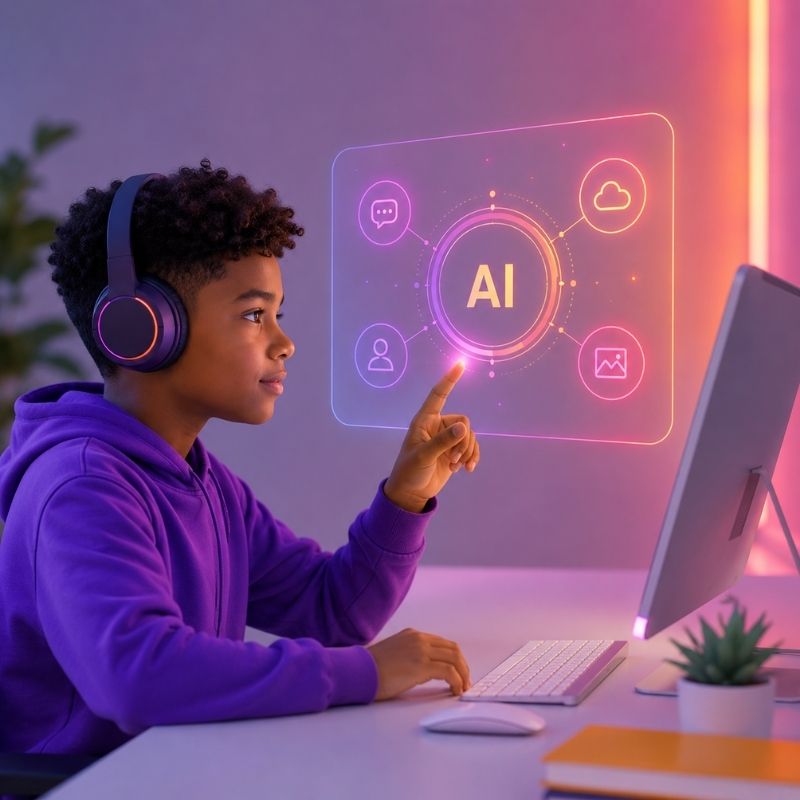 Young learner interacting with digital technology, representing curiosity, creativity, and exploration in the age of AI.