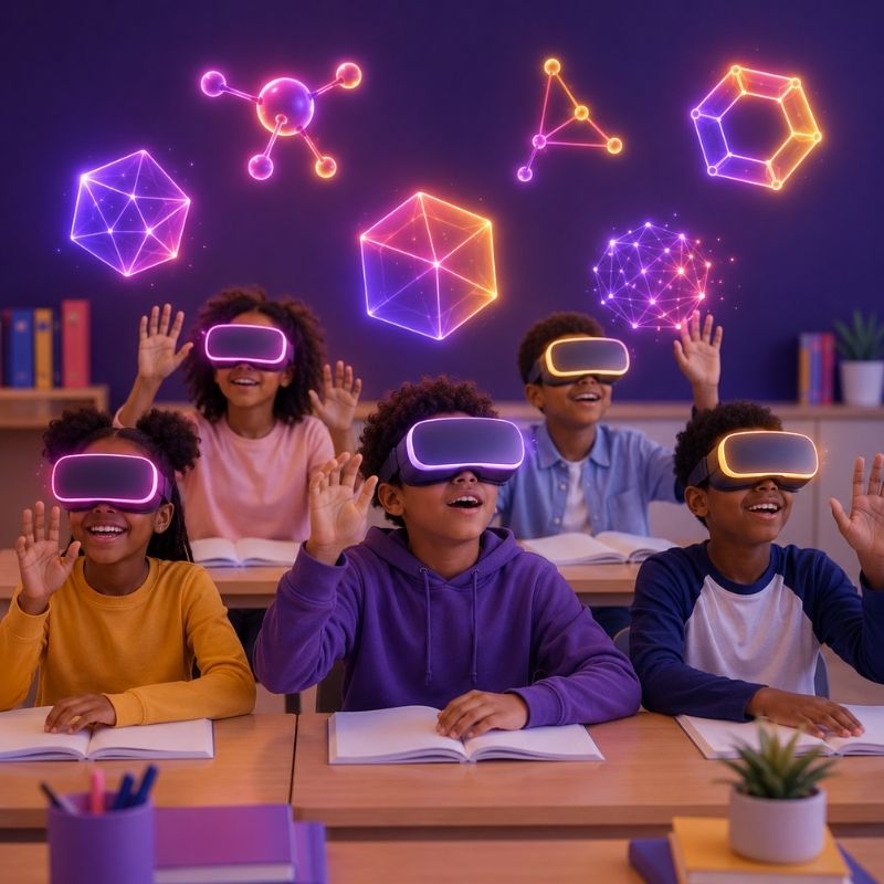 Students participating in an immersive virtual reality learning experience, representing lifelong learning and future-ready education.