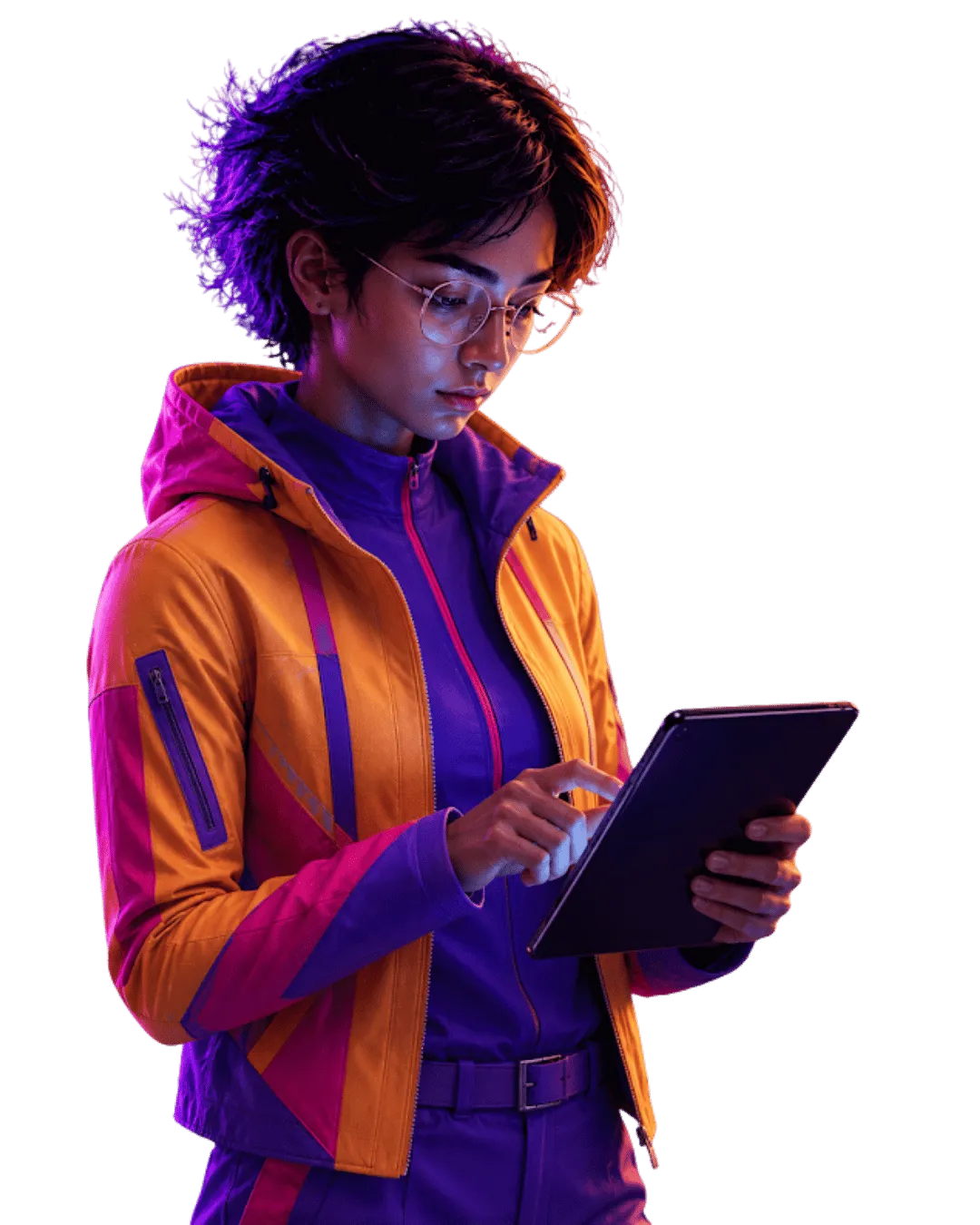 Individual using a digital tablet, representing human-centered AI learning, digital literacy, and thoughtful engagement with emerging technologies.
