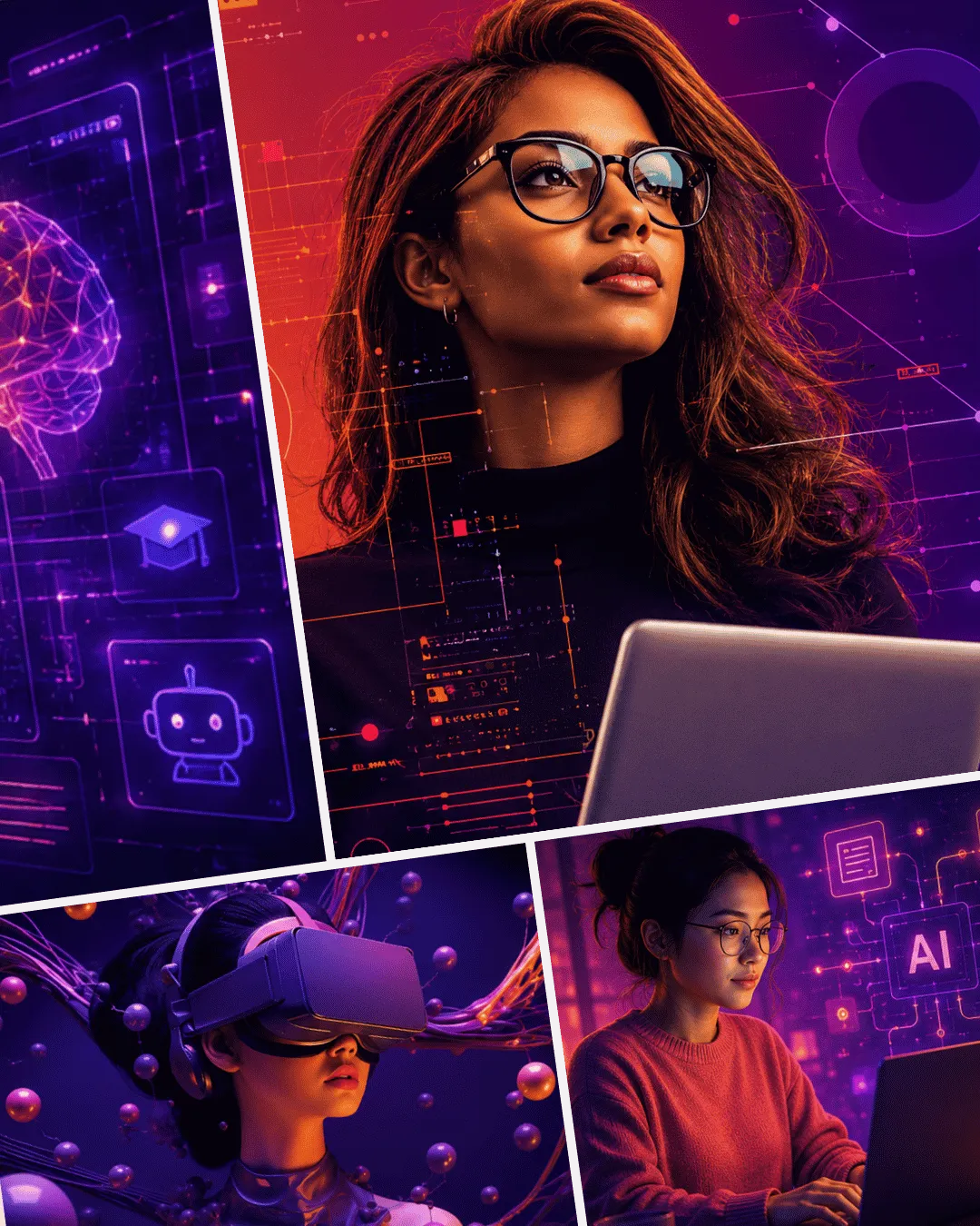 Diverse individuals using AI, virtual reality, and digital learning technologies, illustrating human-centered AI literacy, creativity, and lifelong learning.