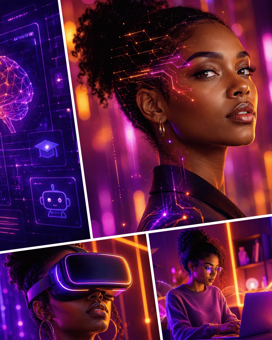 Collage of diverse individuals engaging with artificial intelligence, immersive technologies, and digital learning tools, representing AI literacy, innovation, and human-centered future-ready education.