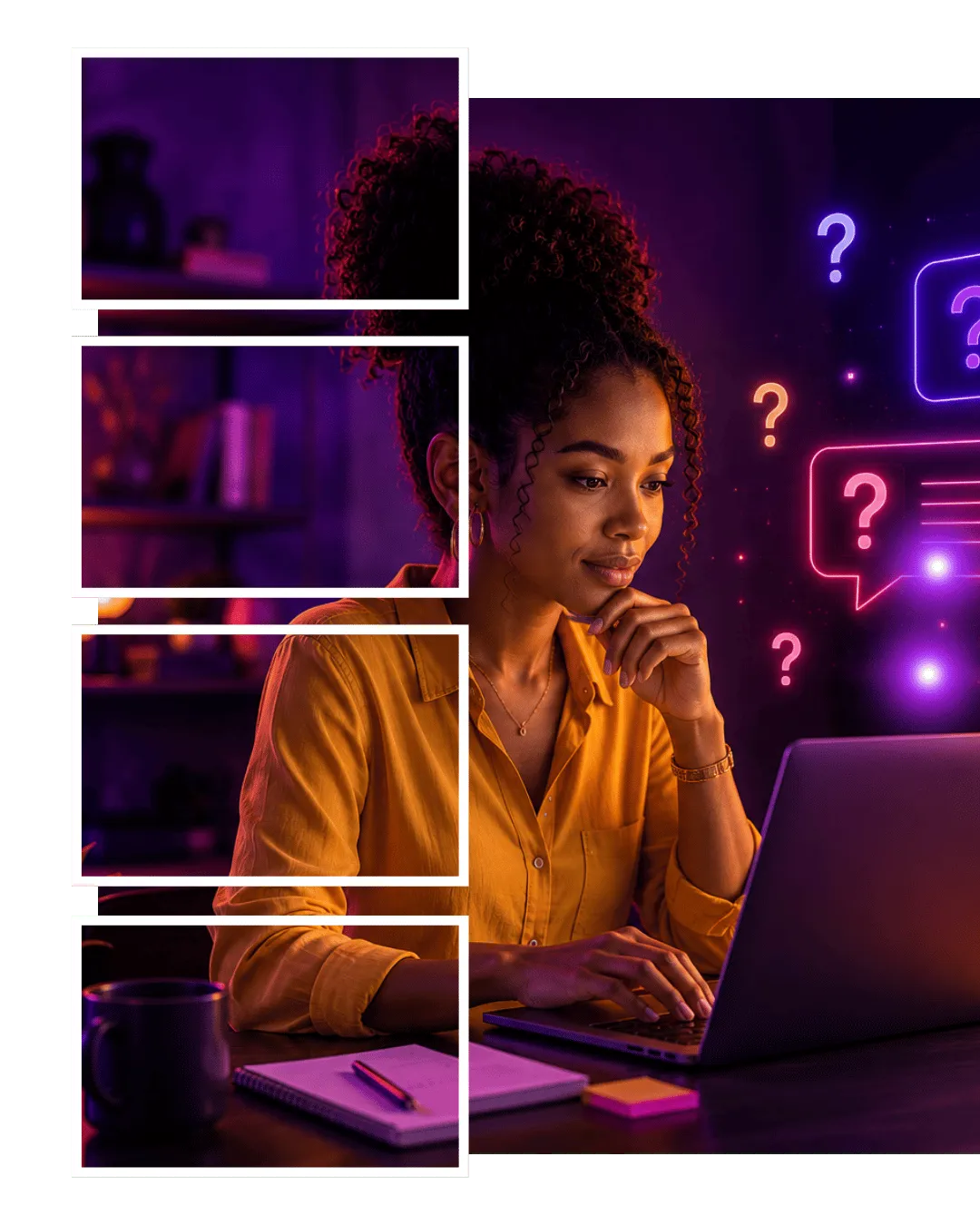 Person exploring questions and resources on a laptop, illustrating curiosity, digital learning, and support through frequently asked questions.
