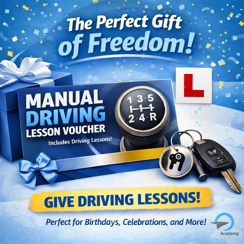 Festive last-minute driving lesson voucher with keys, red ribbon and Christmas decorations