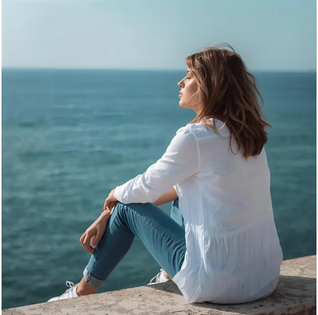 A serene, sunlit therapy office with a comfortable armchair, a small table with a plant, and soft natural light streaming through large windows. The space feels welcoming, calm, and private, inviting individuals to relax and open up.