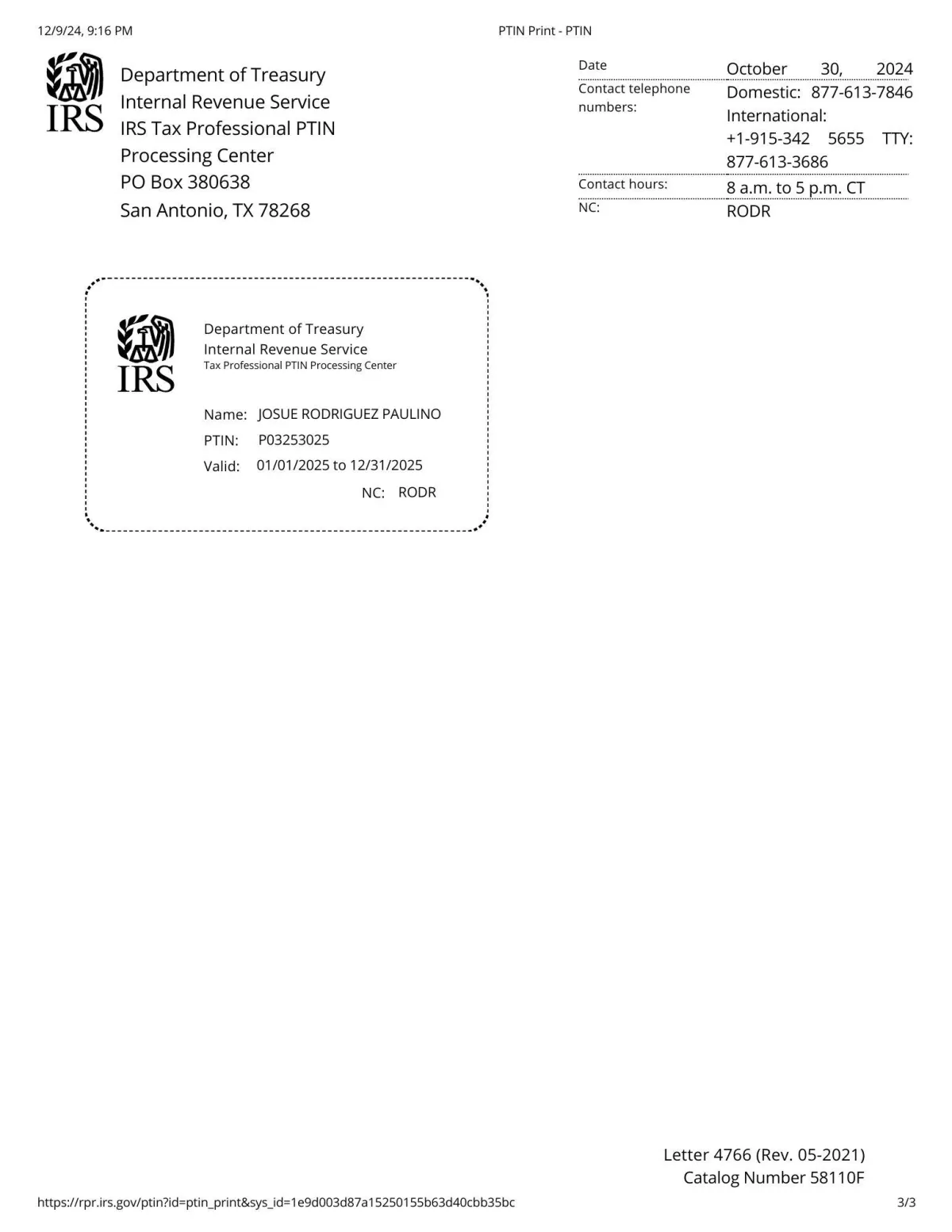 Proof of Jackee Toomers valid PTIN