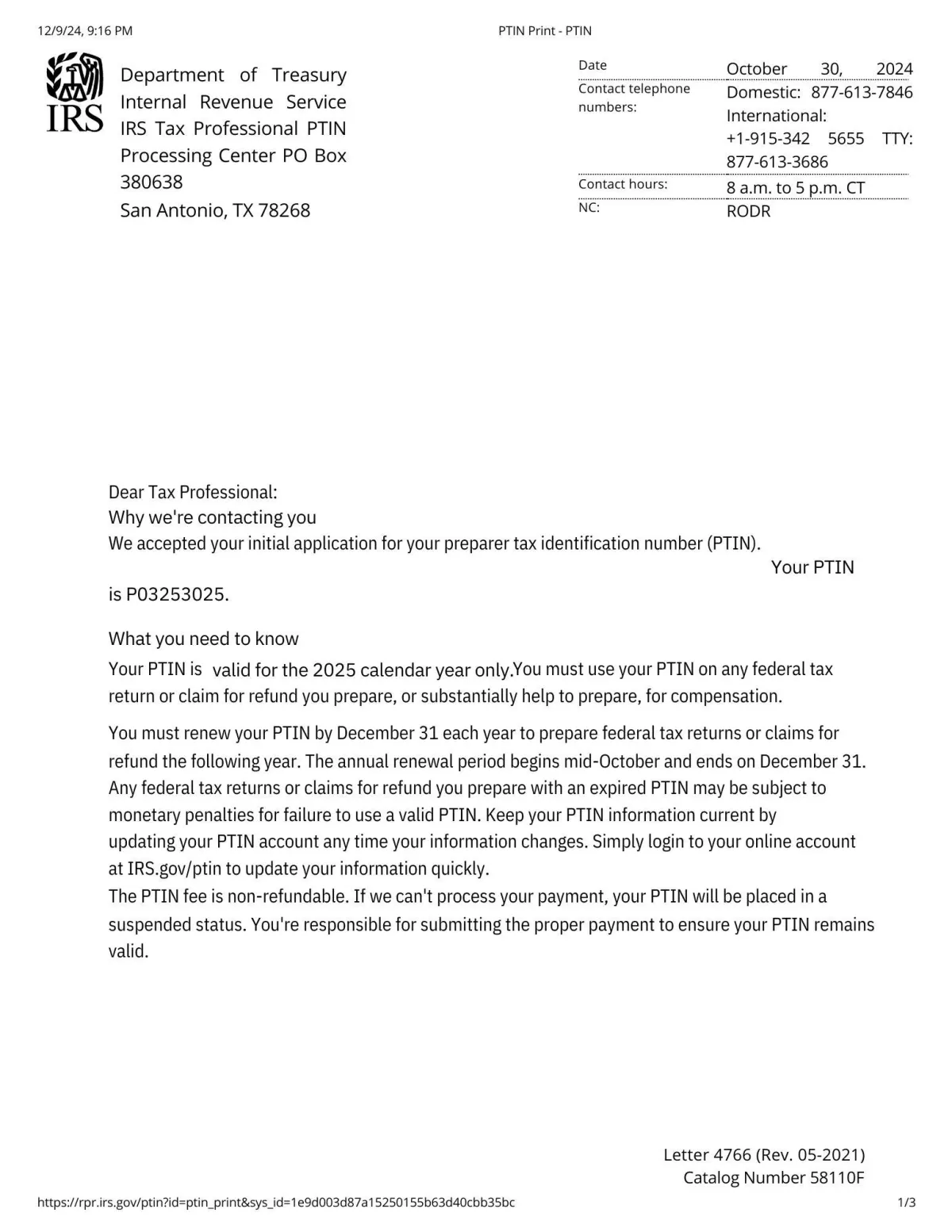 Jackee Toomers PTIN Page one