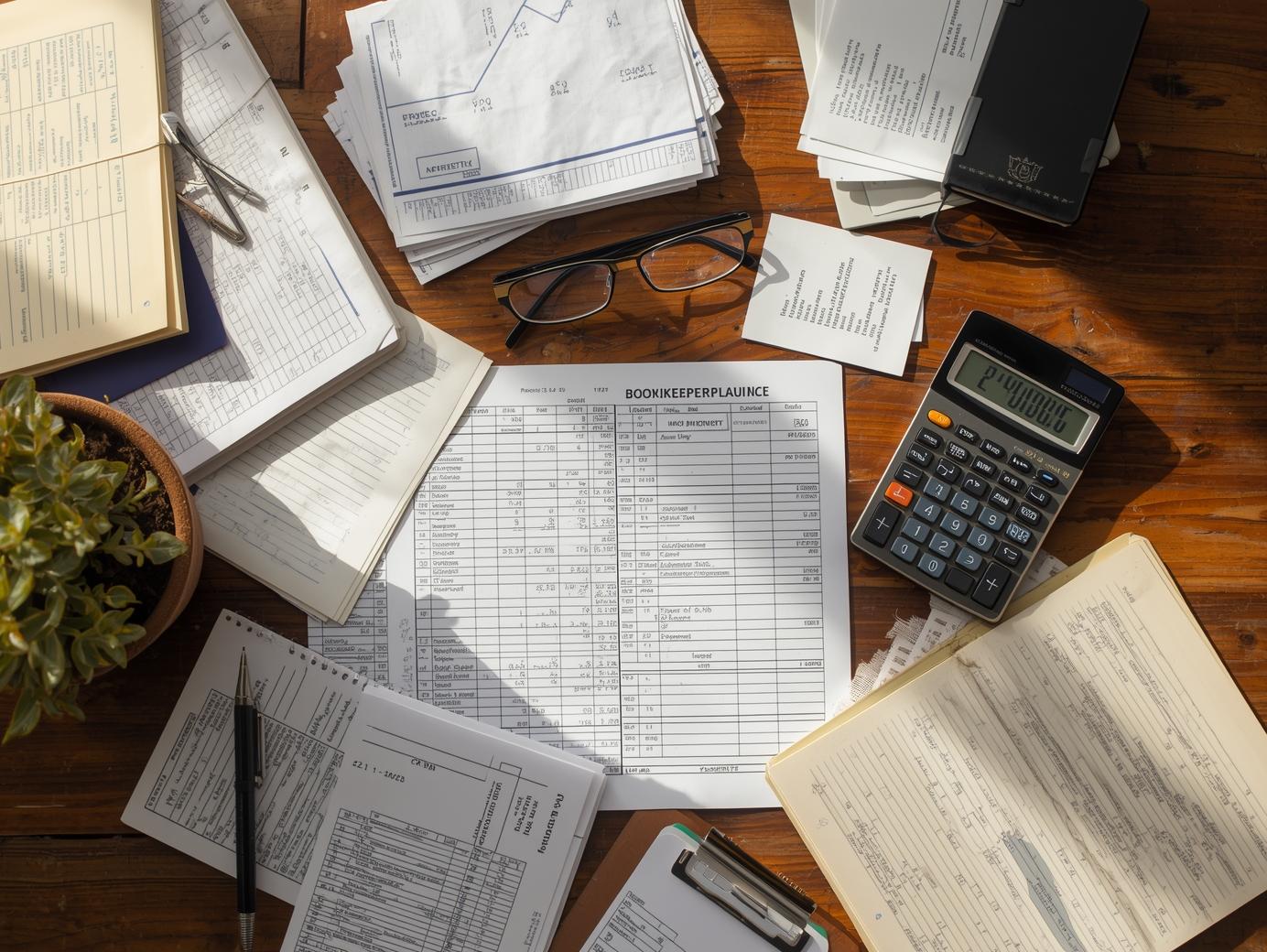 miscellaneous financial reports on a desk with a pair of glasses and a calulator