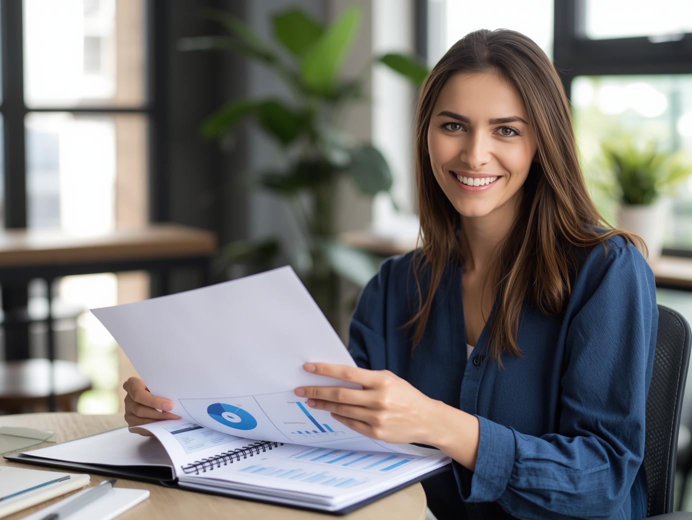 a bookkeeper with a spiral bound notebook of financial reports and graphs