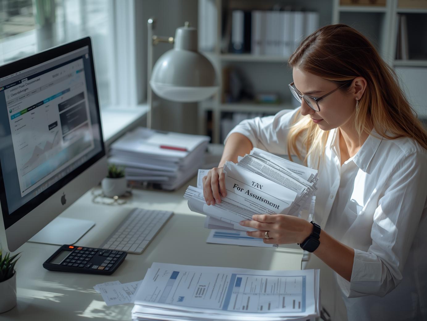 A bookkeeper at an office desk organizing tax statements and financial documents into a folder for an accountant, preparing materials for tax filing.