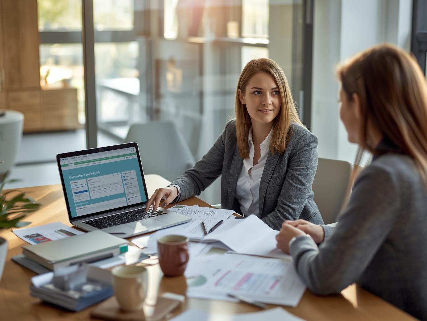 Bookkeeper providing QuickBooks setup and training to a small business owner in a modern office, with financial documents on the desk and a laptop displaying QuickBooks software.