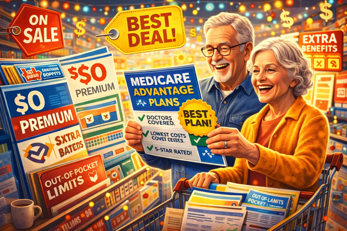 Happy senior couple shopping and comparing Medicare Advantage plans, celebrating finding the best coverage and value.