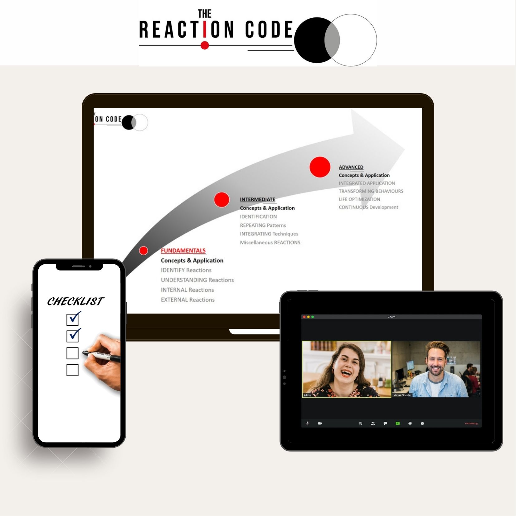 Stylised collage representing live sessions, replays, and deep work included in The Reaction Code. Replace with your programme visuals if available.