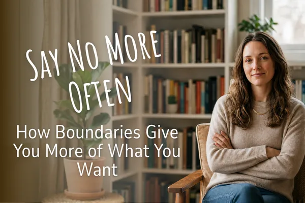 Woman sitting with arms crossed in her study with the caption "Say No More Often – How Boundaries Give You More of What You Want"