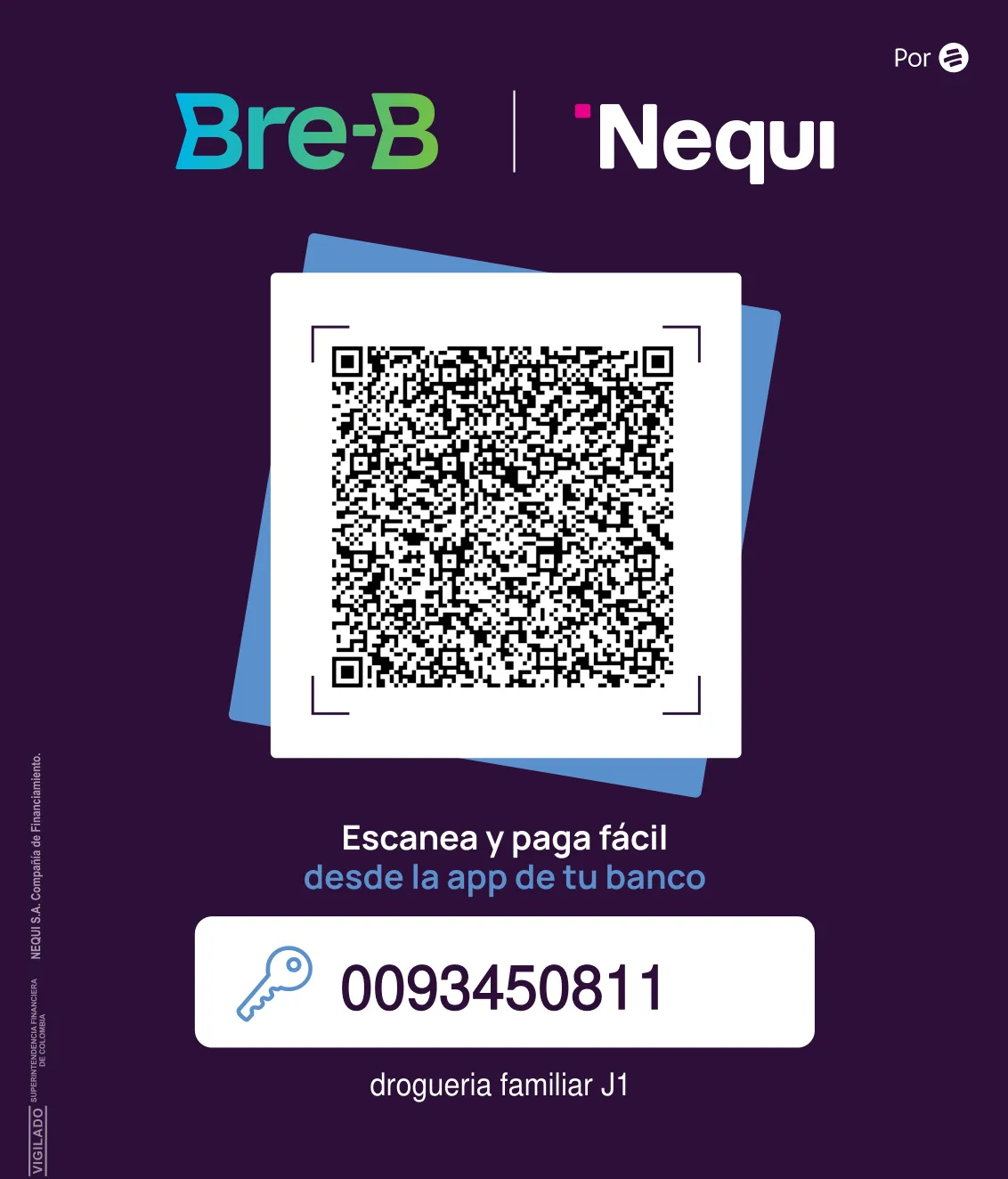 Código QR de pago Bre-B y Nequi de Droguería Familiar J1
