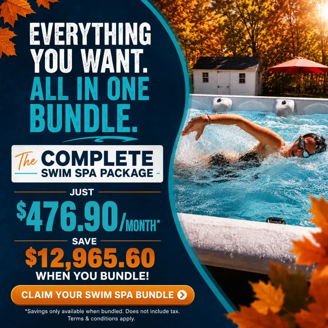 Woman swimming in a swim spa advertising the complete Liverpool Pool & Spa bundle for $476.90 per month with $12,965.60 in savings.