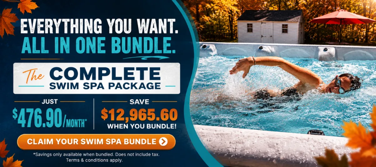 Woman swimming in a swim spa advertising the complete Liverpool Pool & Spa bundle for $476.90 per month with $12,965.60 in savings.