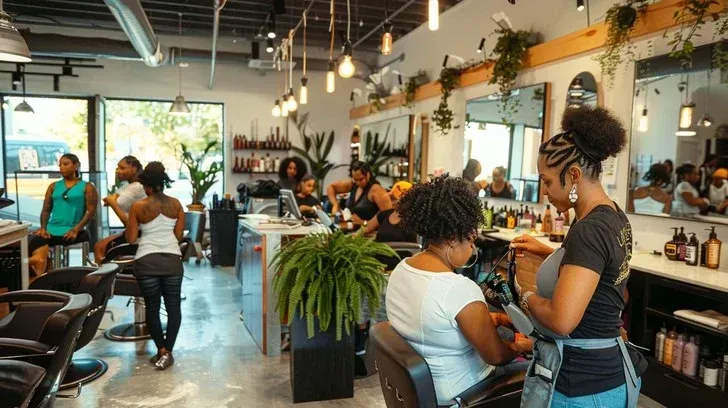 A diverse team of three hairdressers, two women and one man, collaborating around a laptop in a cozy, contemporary salon office. The group is smiling and discussing a digital report, with salon tools and plants in the background. The image is warm, candid, and emphasizes teamwork and technology adoption.