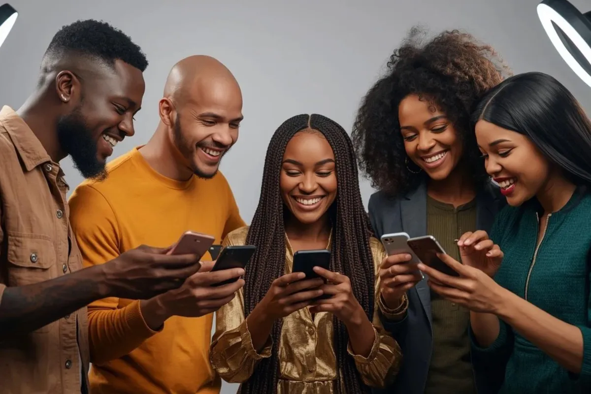 A Picture of 5 people with one in middle holding their phone smiling