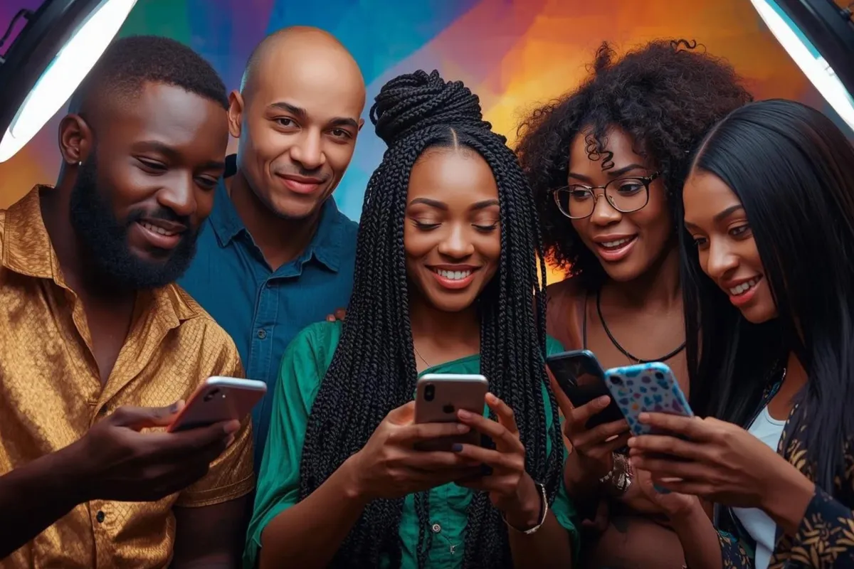 A Picture of 5 People holding their phone while smiling