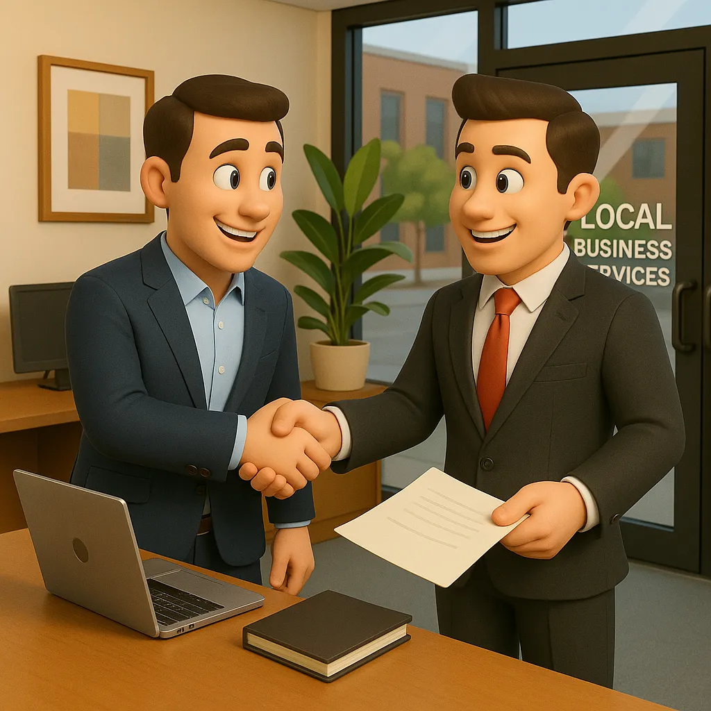 Two animated businessmen shaking hands, representing local business partnerships in Mentor Ohio