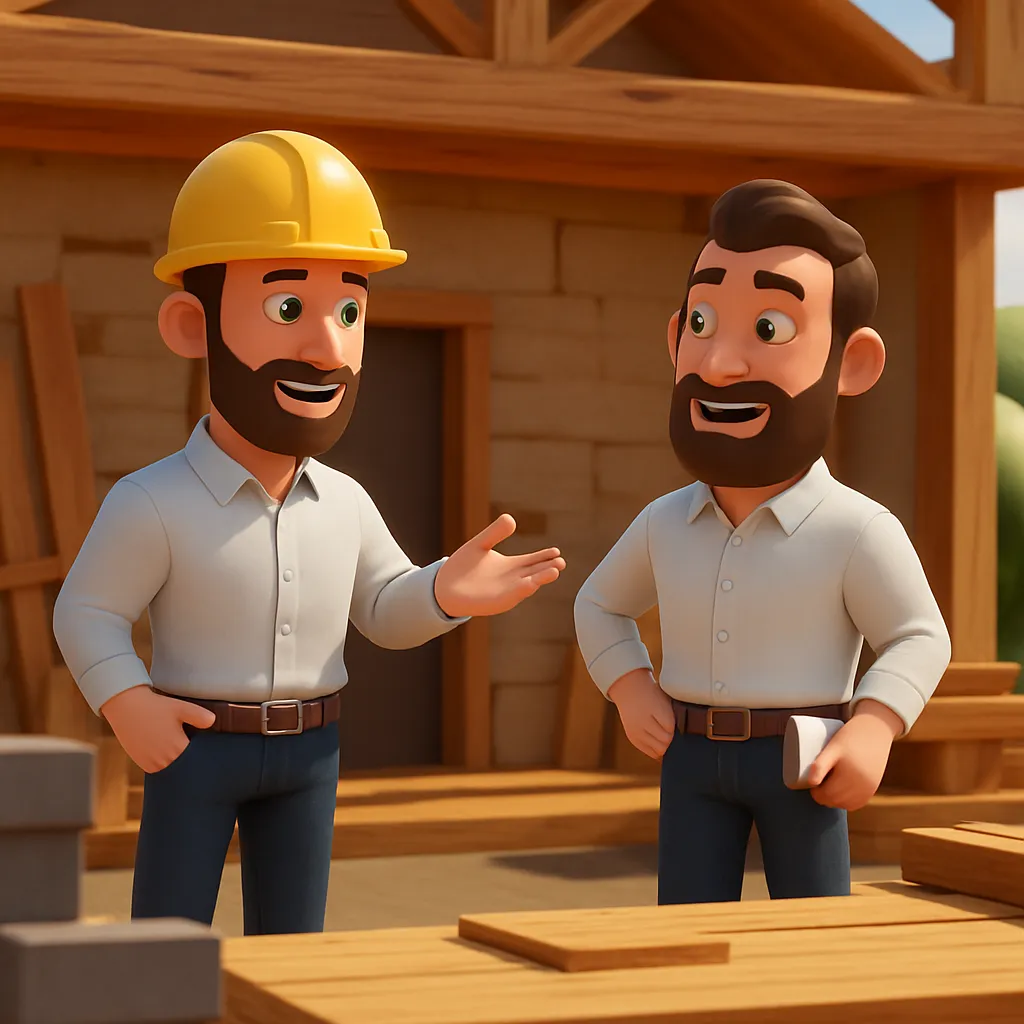 Two animated tradesmen discussing business strategy at a construction site