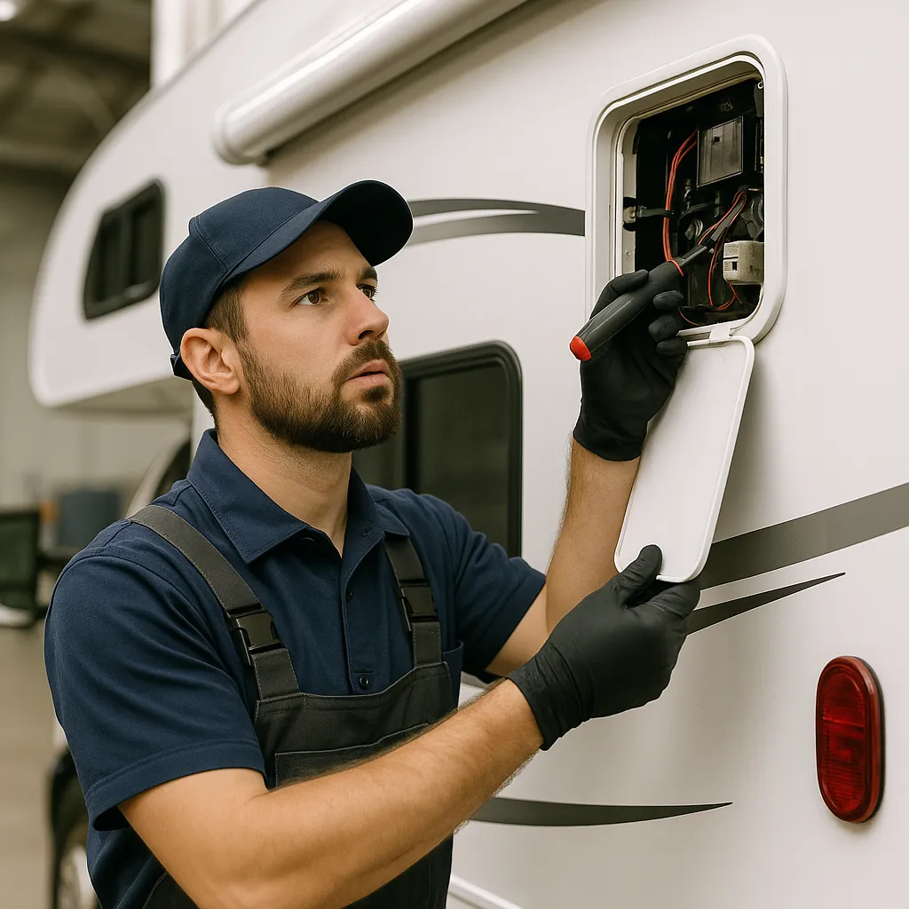 Mobile RV technician in uniform working on a large white RV in a sunlit campground, with tools neatly arranged and a sense of urgency and professionalism. The background shows a clear blue sky and green trees, emphasizing mobility and outdoor service.