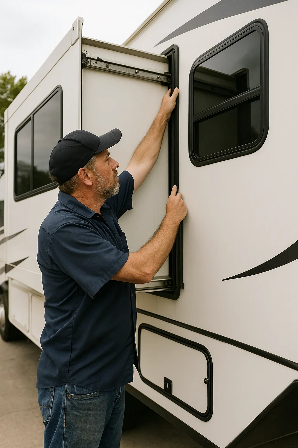 Mobile RV technician in uniform working on a large white RV in a sunlit campground, with tools neatly arranged and a sense of urgency and professionalism. The background shows a clear blue sky and green trees, emphasizing mobility and outdoor service.