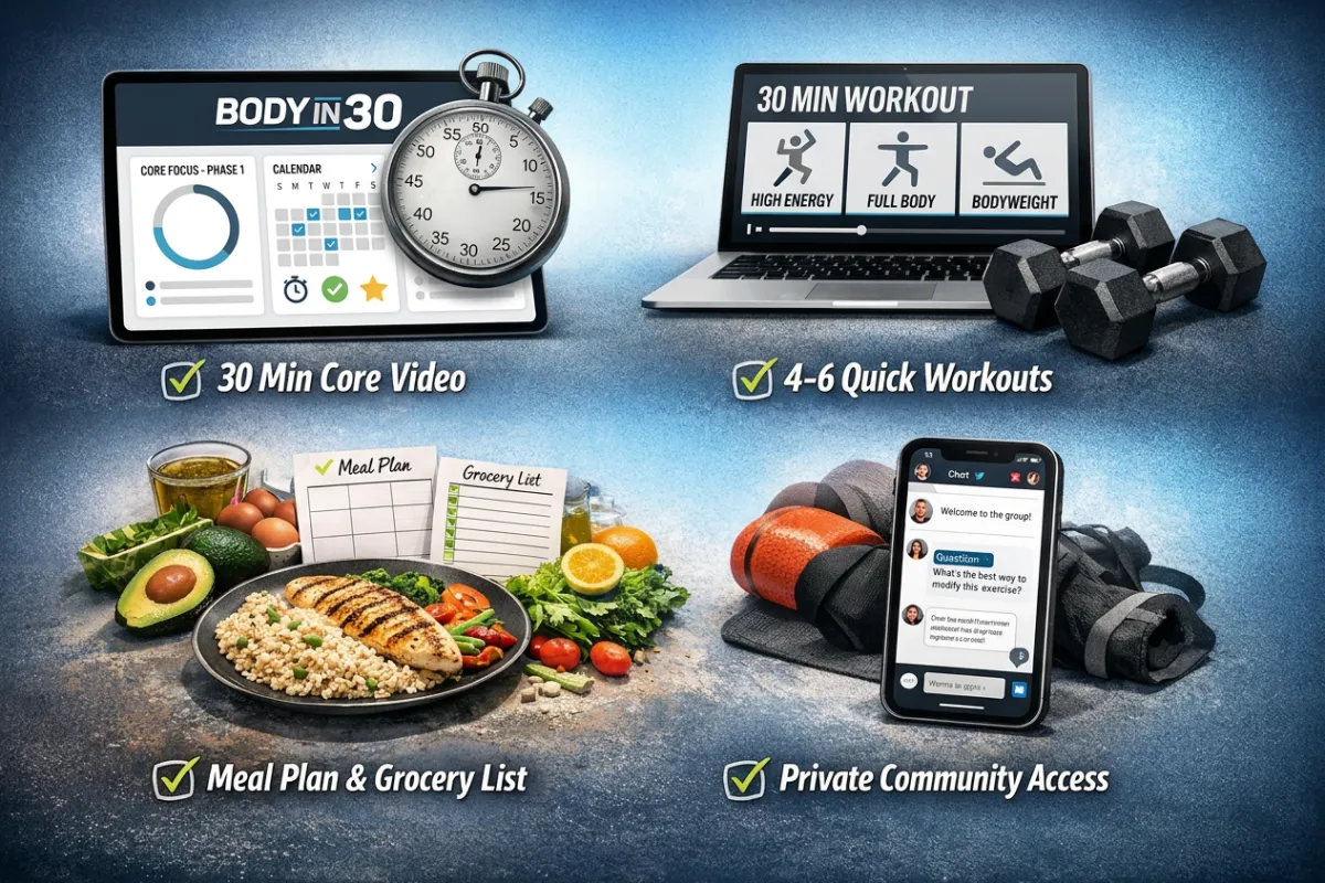 A father in his early 40s multitasking in a cozy home, holding a toddler while glancing at a laptop and gym shoes nearby. Toys and a water bottle are visible, capturing the chaos and warmth of parenthood.