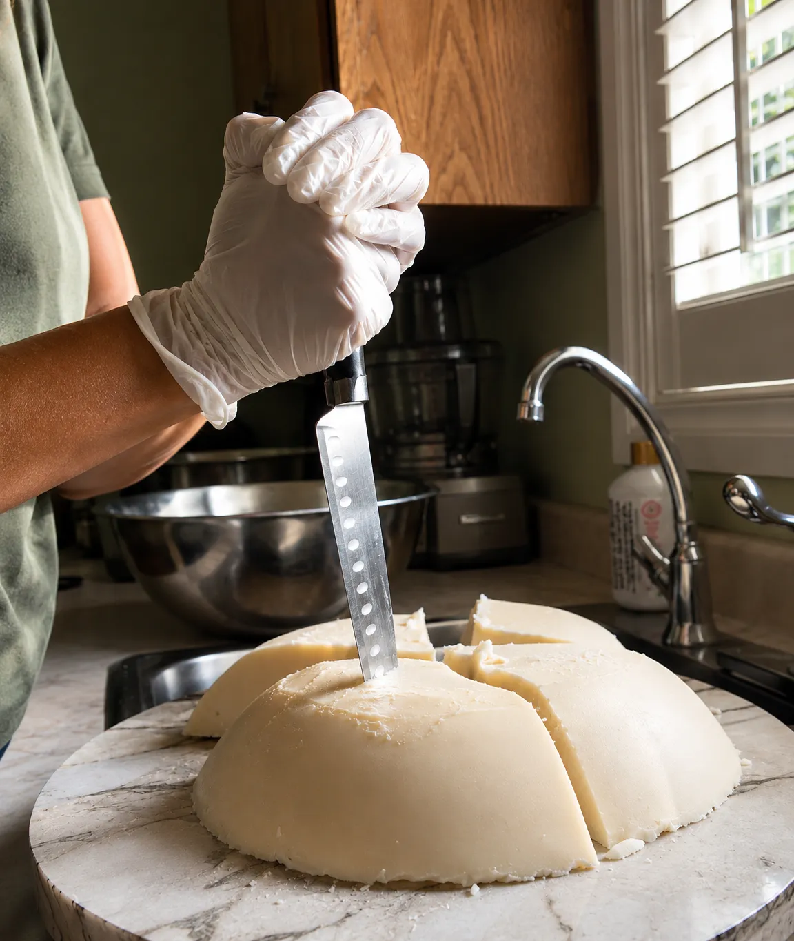 Rendered tallow being cut by hand in the Pure Radiance kitchen