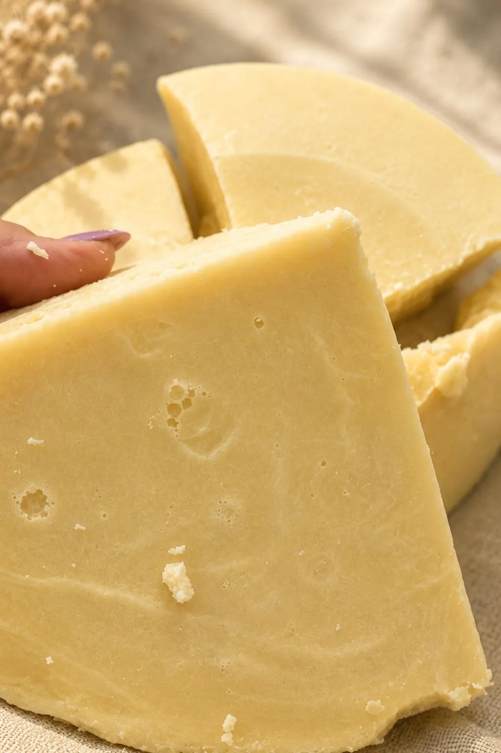 Blocks of solid rendered tallow, pale cream in colour, showing their cut faces and texture