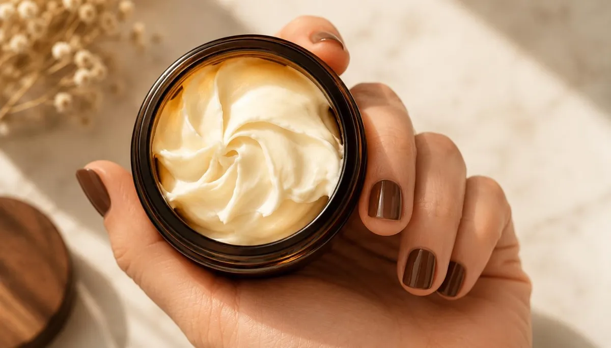 A hand holding an open jar of Pure Radiance whipped tallow, its cream-coloured swirl visible