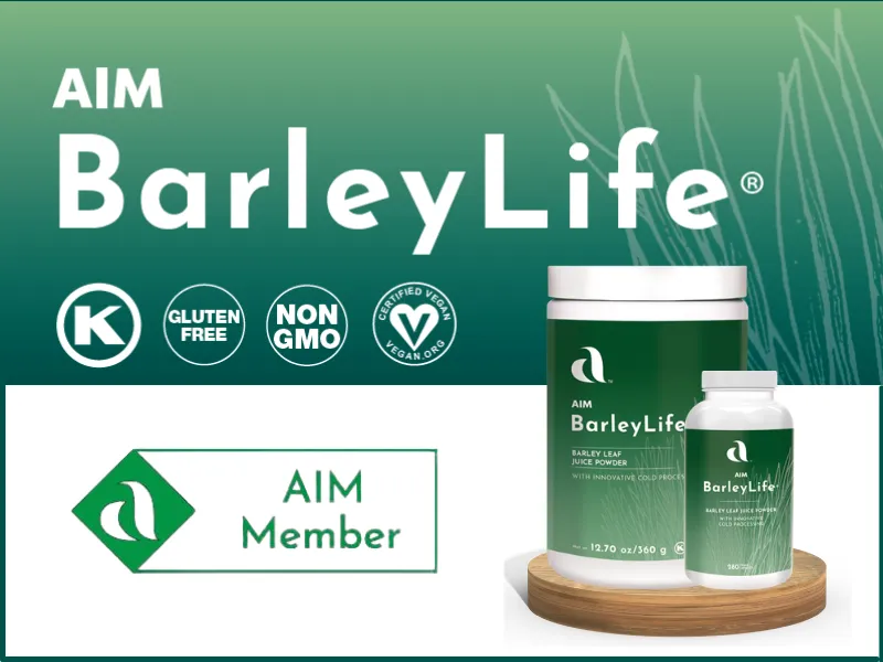 AIM BarleyLife Concentrated Barley Grass Juice Powder Container in Natural Luxury Setting