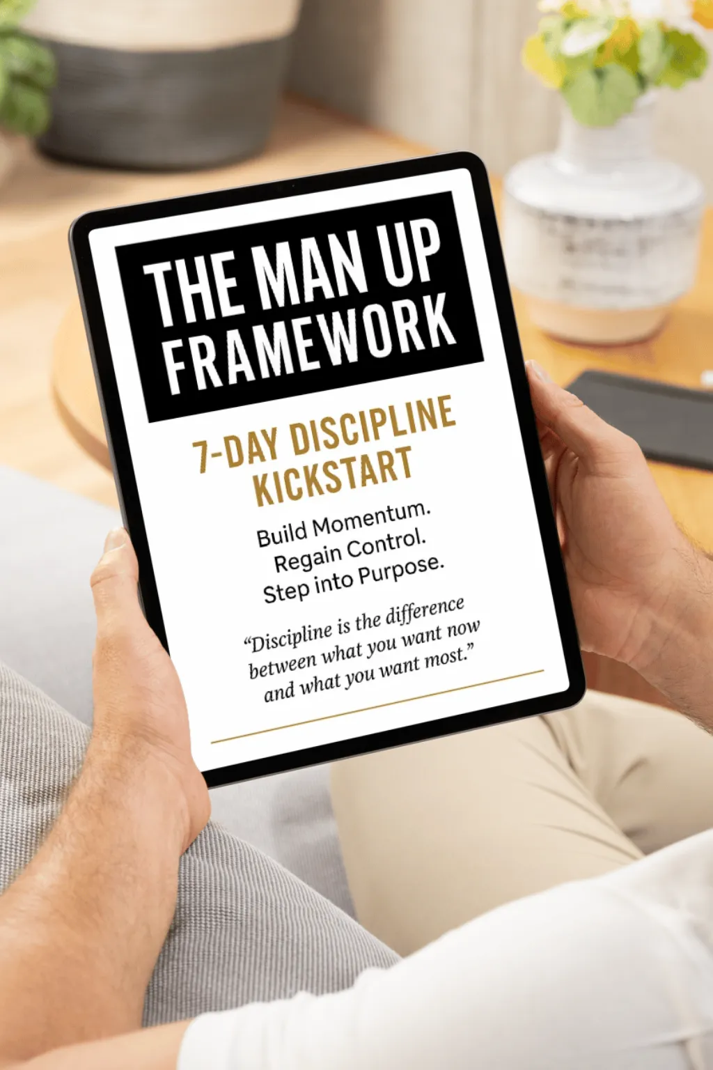 3D floating Discipline Kickstart PDF guide mockup with gold accents and architectural typography