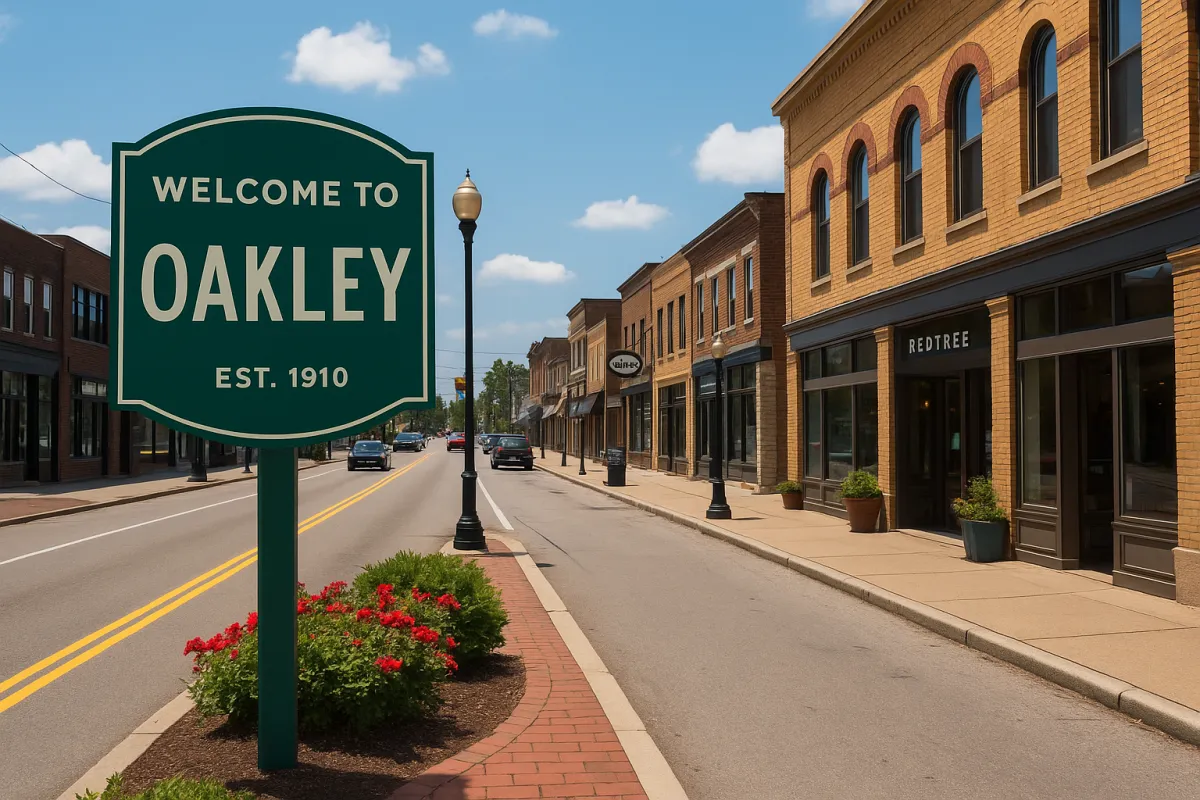 A sunny street scene in Oakley, Ohio, featuring the “Welcome to Oakley” sign, red brick sidewalks, colorful flowers, and historic storefronts including Redtree Café—capturing the charm and walkability of this vibrant Cincinnati neighborhood.