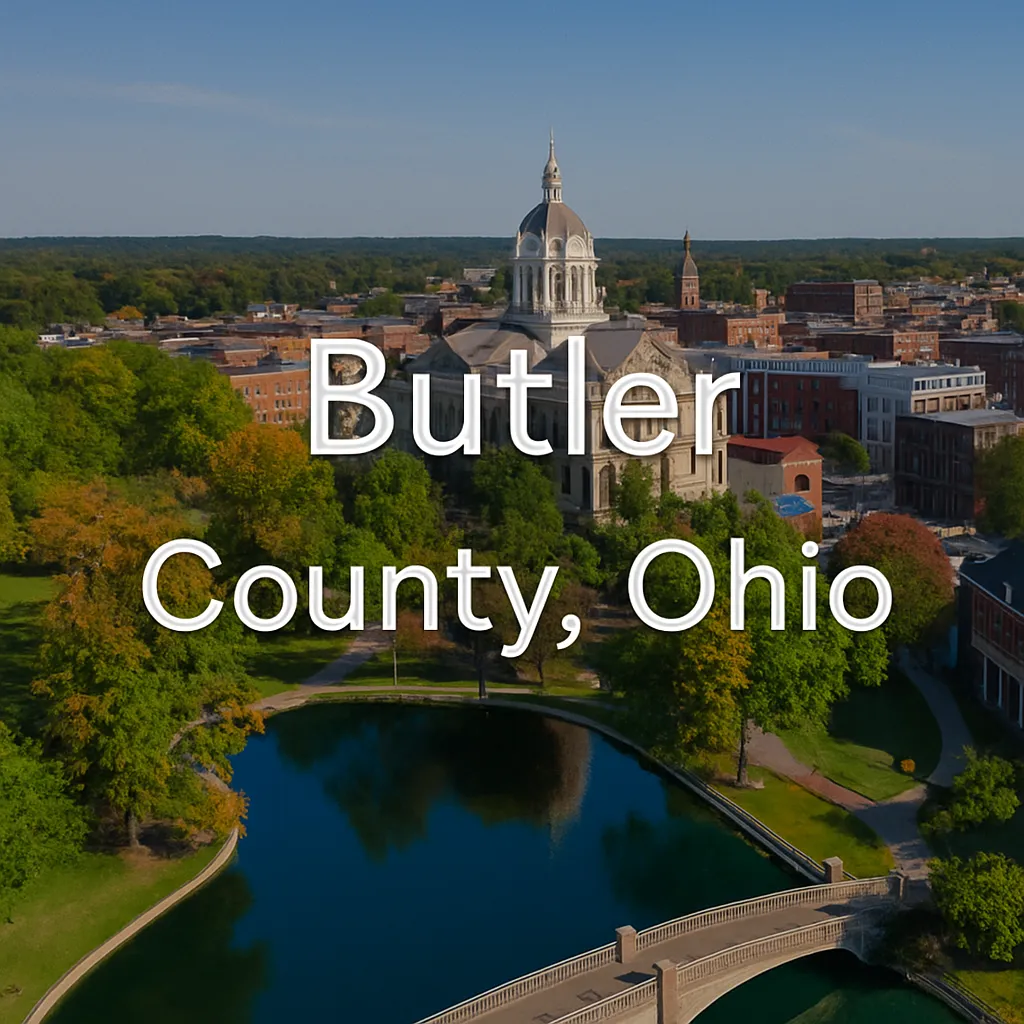 Aerial image of the historic Butler County Courthouse with surrounding downtown buildings, park, and reflecting pond in Hamilton, Ohio.