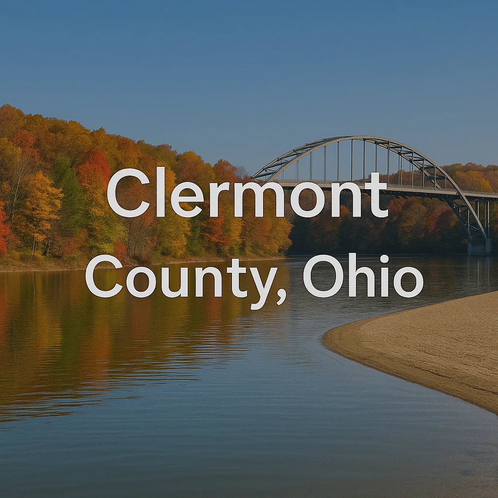 Autumn landscape of East Fork State Park in Clermont County, Ohio, with colorful trees and a steel bridge spanning a peaceful lake.