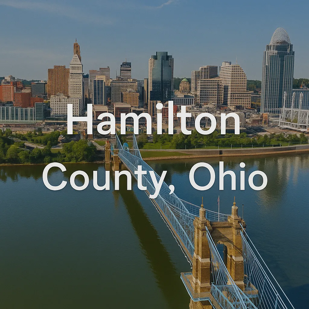 Aerial view of the John A. Roebling Suspension Bridge with the Cincinnati skyline in the background, representing Hamilton County, Ohio.