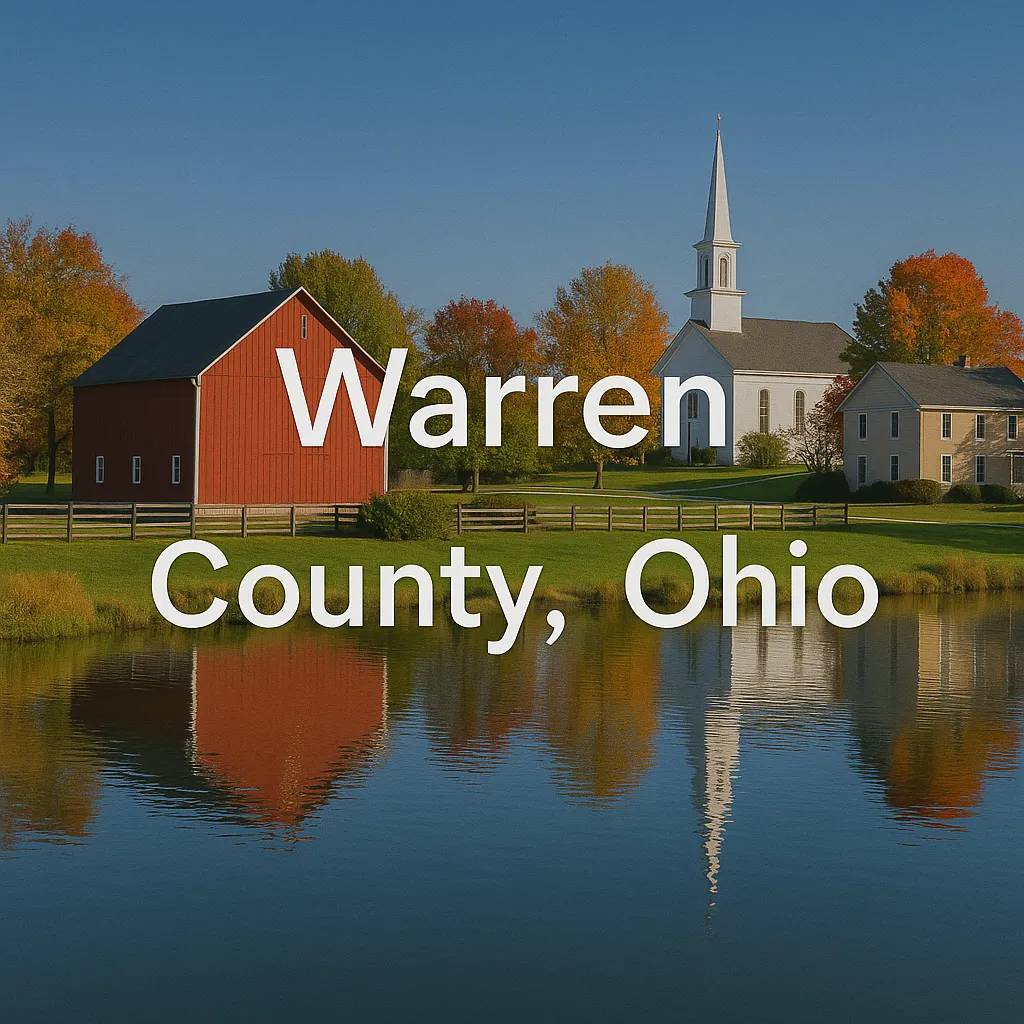 Picturesque fall scene in Warren County, Ohio, featuring a red barn, white church, and trees reflected in a calm pond.