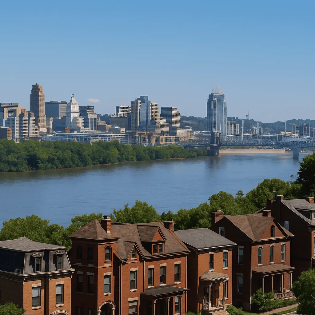 View from Covington with historic homes and Cincinnati skyline across the Ohio River, representing Northern Kentucky relocation.