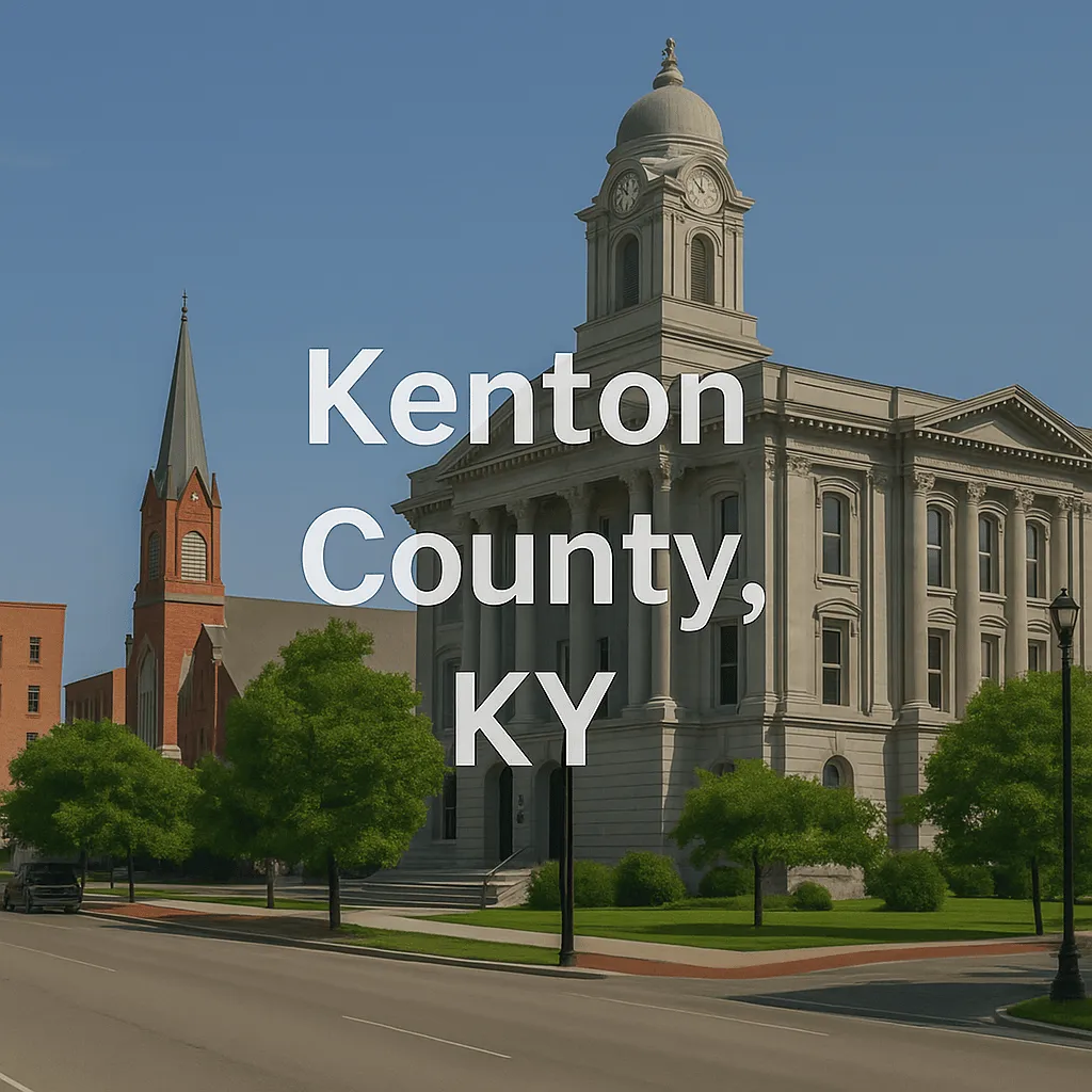 Historic Kenton County courthouse building with clock tower and adjacent church steeple, framed by green trees along a city street under a clear blue sky.